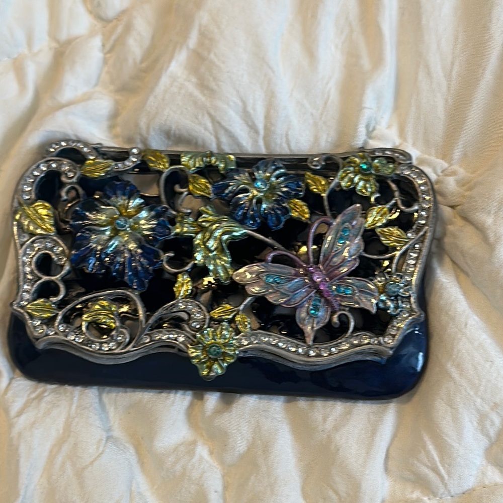 Elegant Blue Floral and Butterfly Embellished Clutch